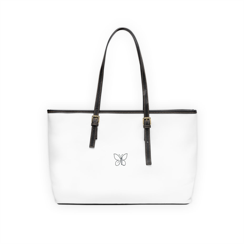 PU Leather Shoulder Bag — White G-LIFE Logo Tote with Butterfly Accent
