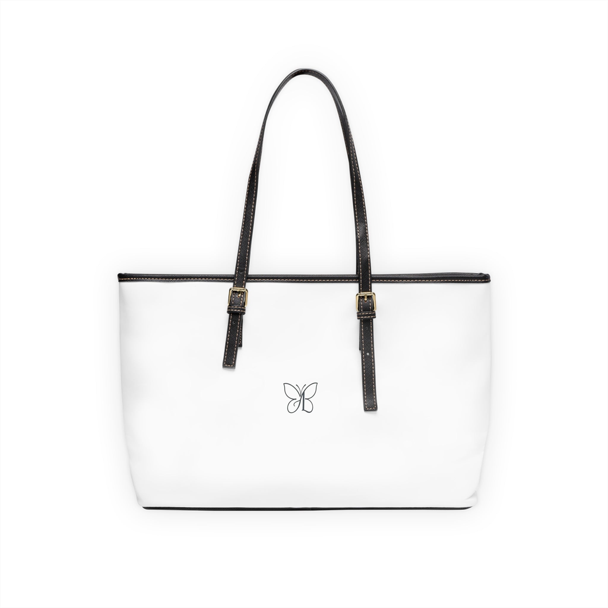 PU Leather Shoulder Bag — White G-LIFE Logo Tote with Butterfly Accent