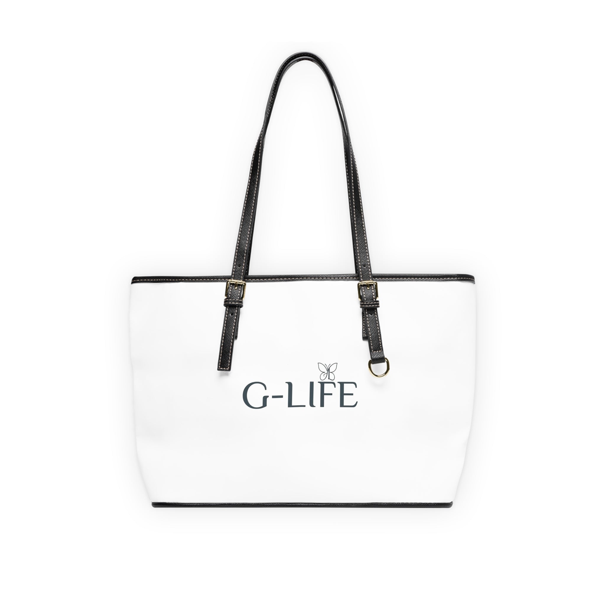 PU Leather Shoulder Bag — White G-LIFE Logo Tote with Butterfly Accent