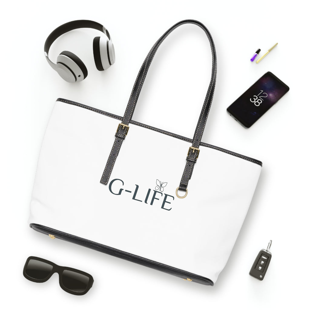 PU Leather Shoulder Bag — White G-LIFE Logo Tote with Butterfly Accent