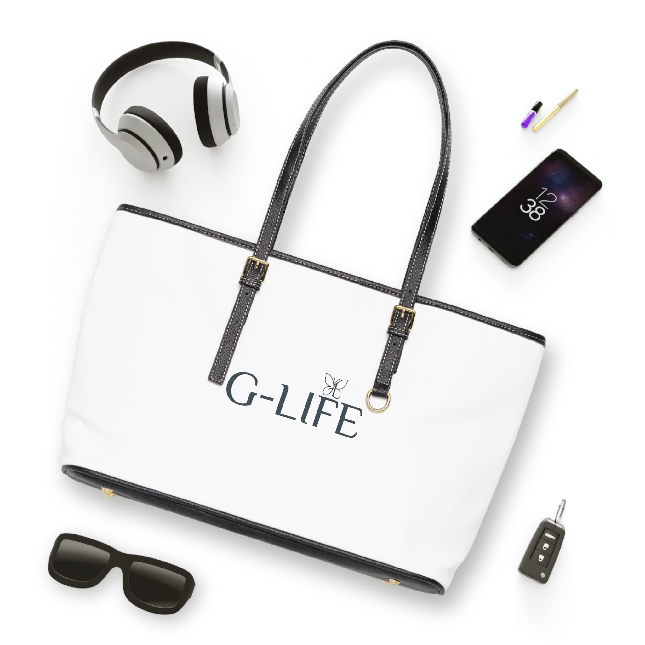 PU Leather Shoulder Bag — White G-LIFE Logo Tote with Butterfly Accent