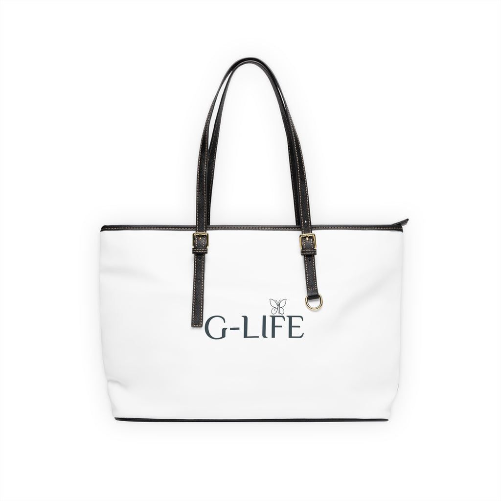 PU Leather Shoulder Bag — White G-LIFE Logo Tote with Butterfly Accent