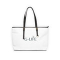 PU Leather Shoulder Bag — White G-LIFE Logo Tote with Butterfly Accent