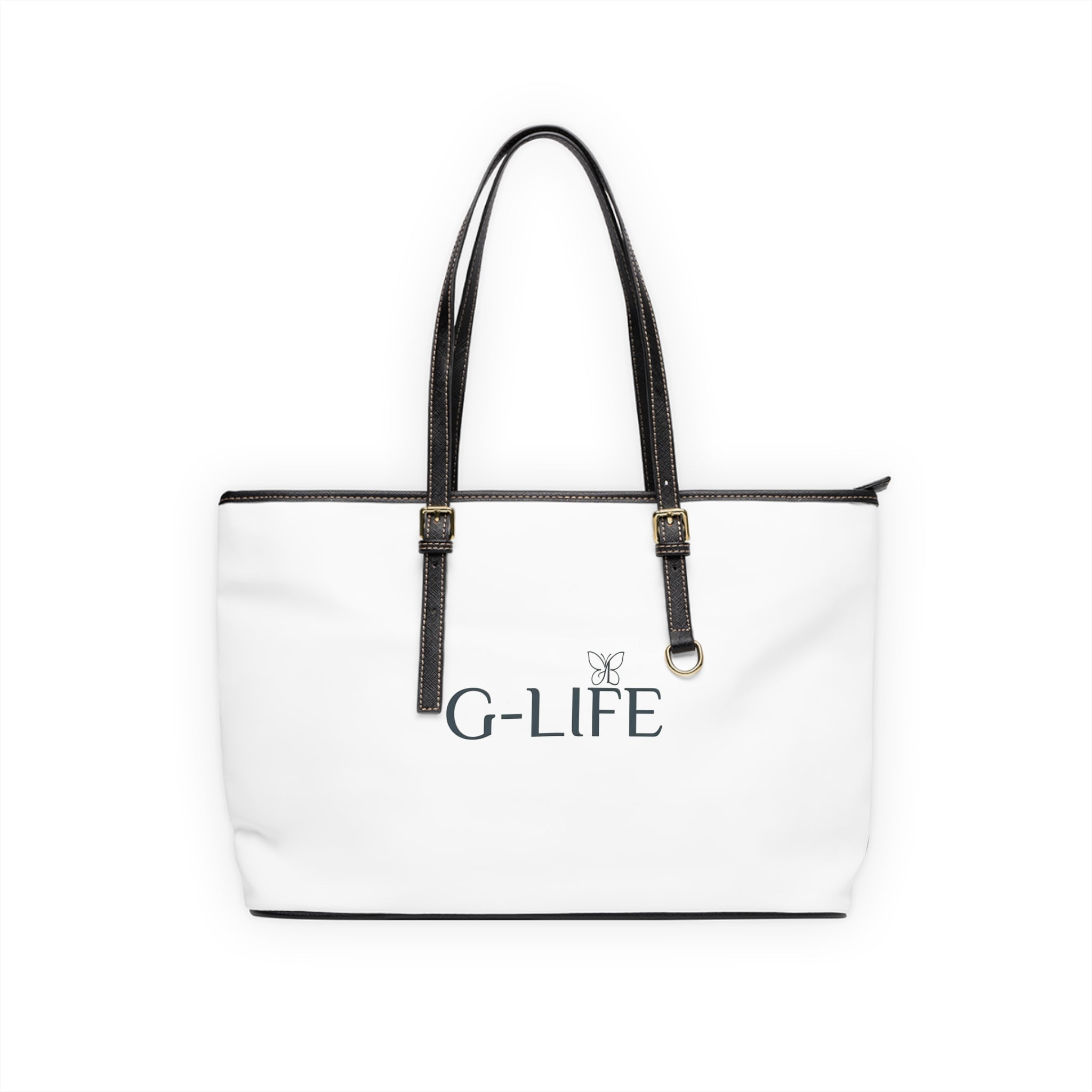 PU Leather Shoulder Bag — White G-LIFE Logo Tote with Butterfly Accent