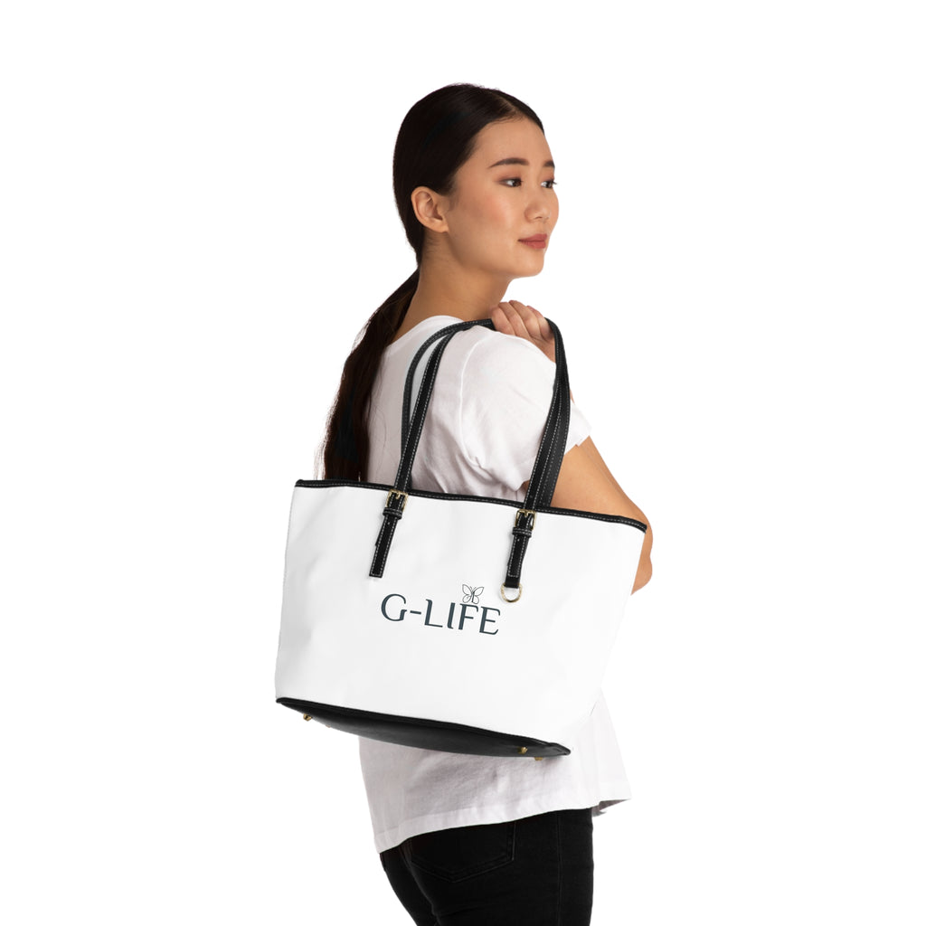 PU Leather Shoulder Bag — White G-LIFE Logo Tote with Butterfly Accent