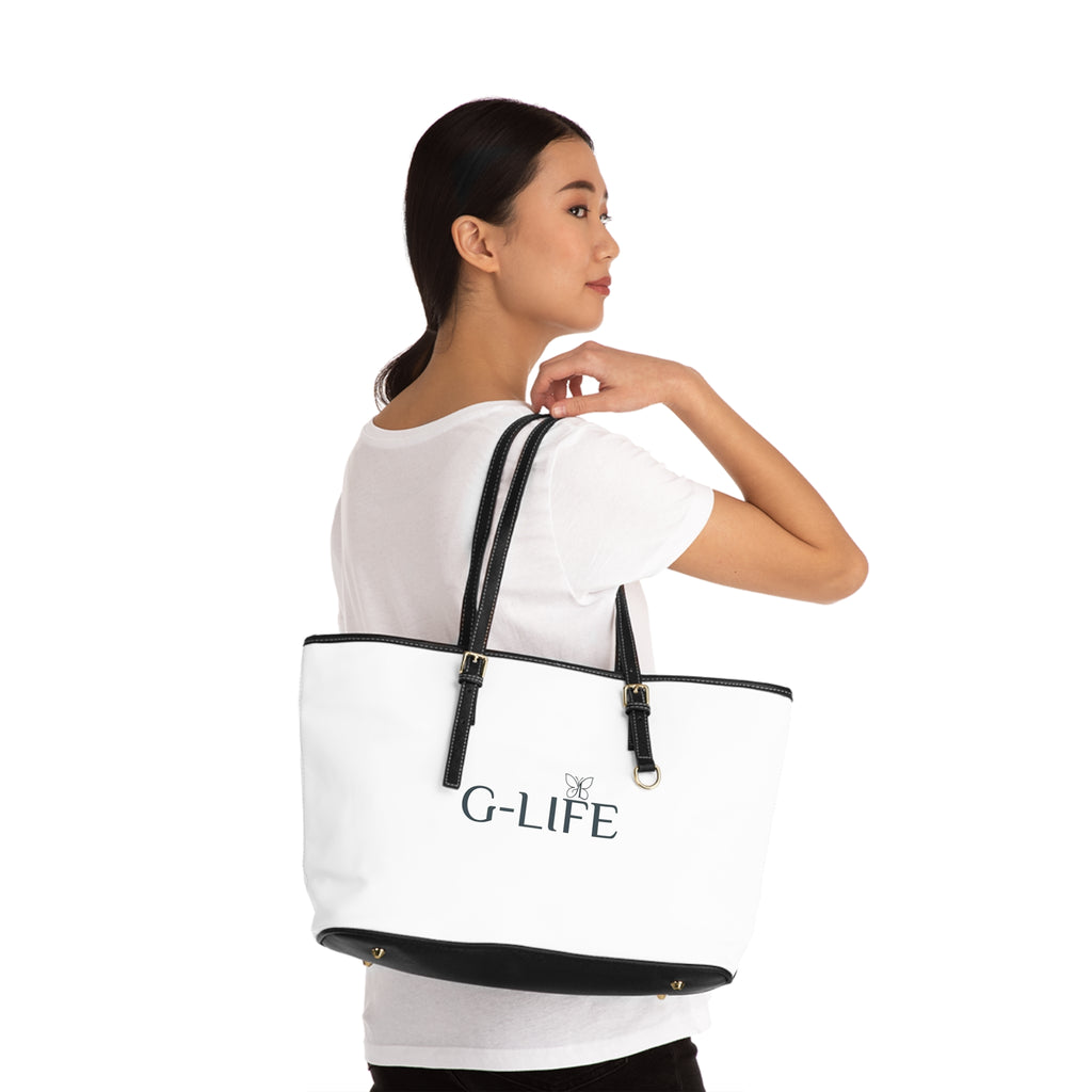 PU Leather Shoulder Bag — White G-LIFE Logo Tote with Butterfly Accent