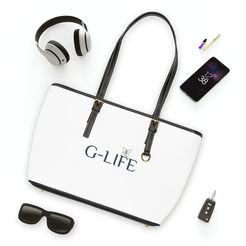 PU Leather Shoulder Bag — White G-LIFE Logo Tote with Butterfly Accent