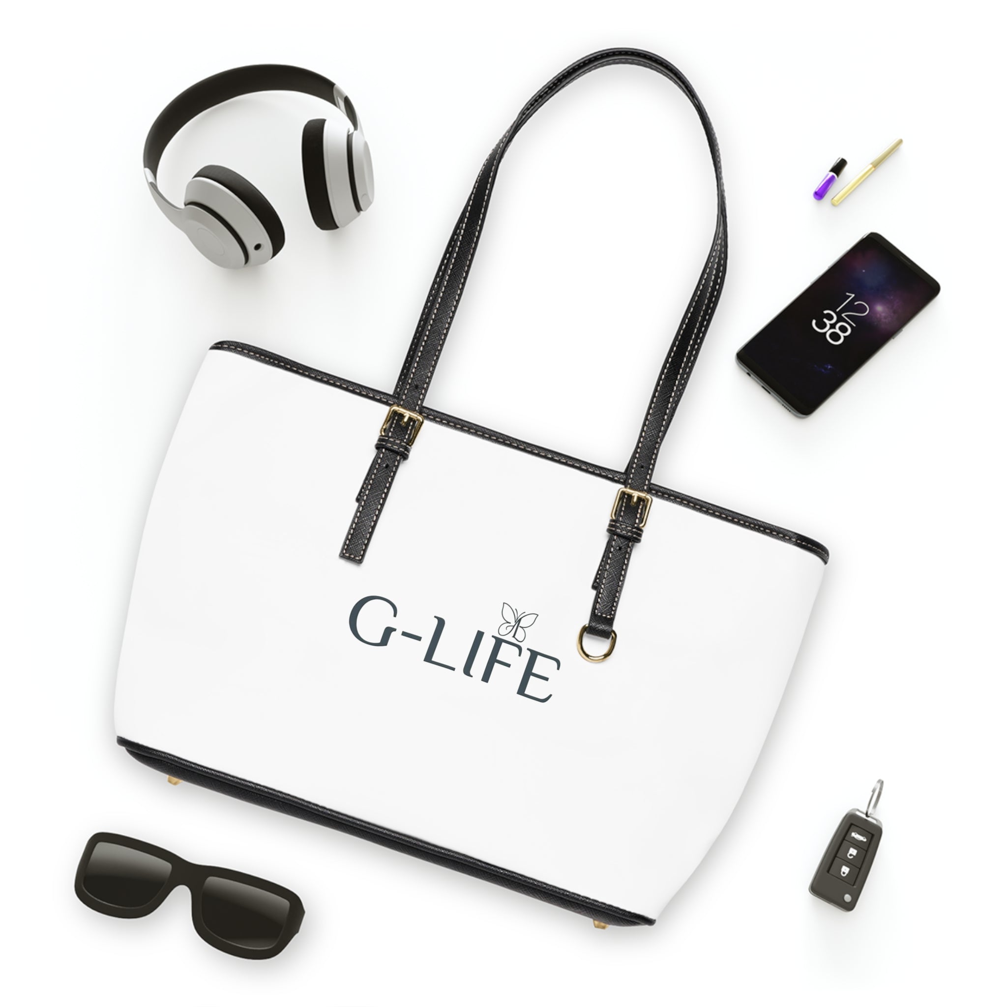 PU Leather Shoulder Bag — White G-LIFE Logo Tote with Butterfly Accent