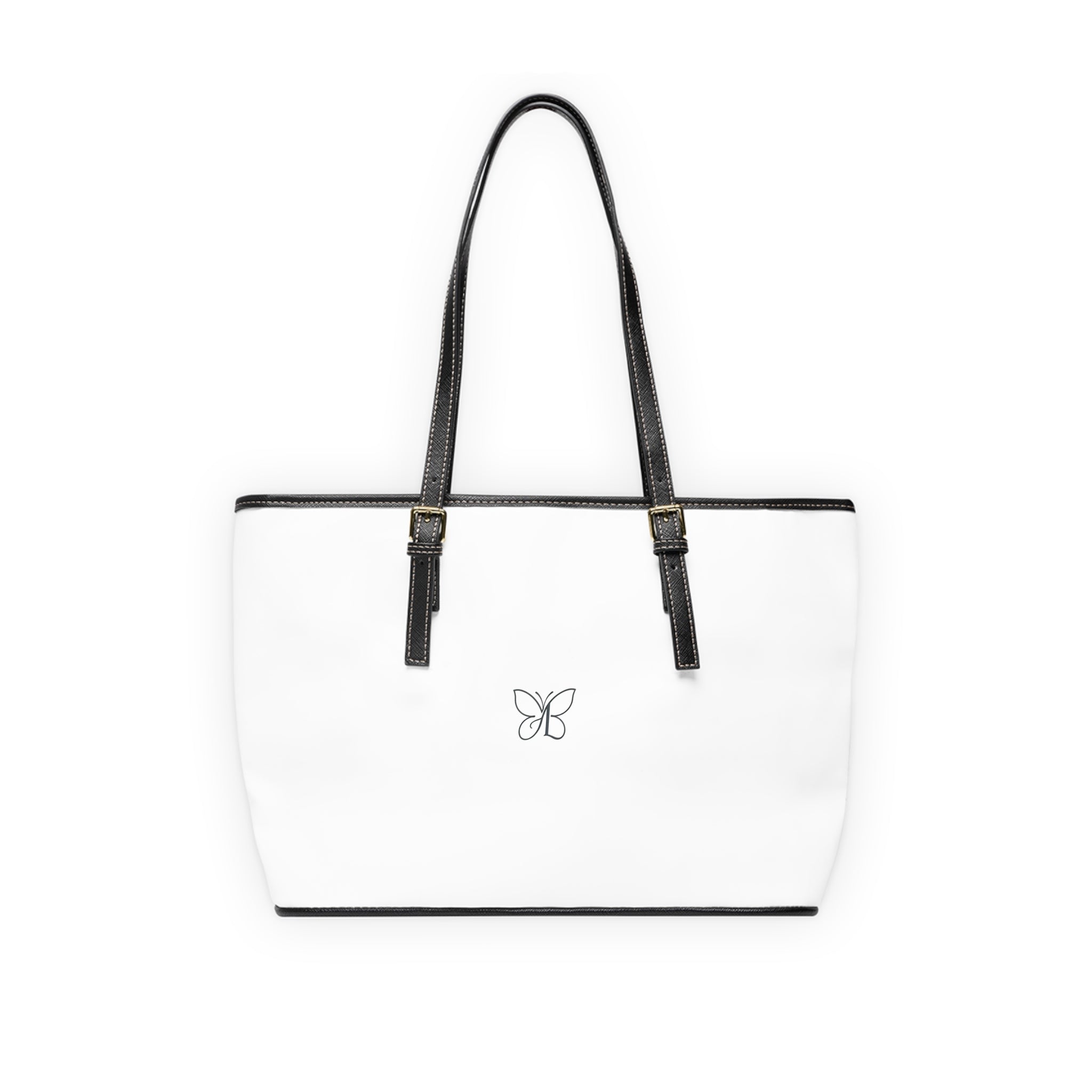 PU Leather Shoulder Bag — White G-LIFE Logo Tote with Butterfly Accent